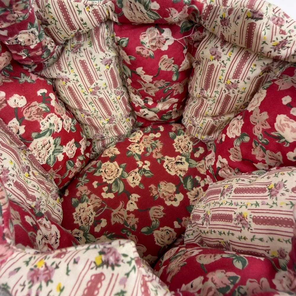 Handmade Quilted Patchwork Fabric Basket Floral Lace Button Country Cottage Red